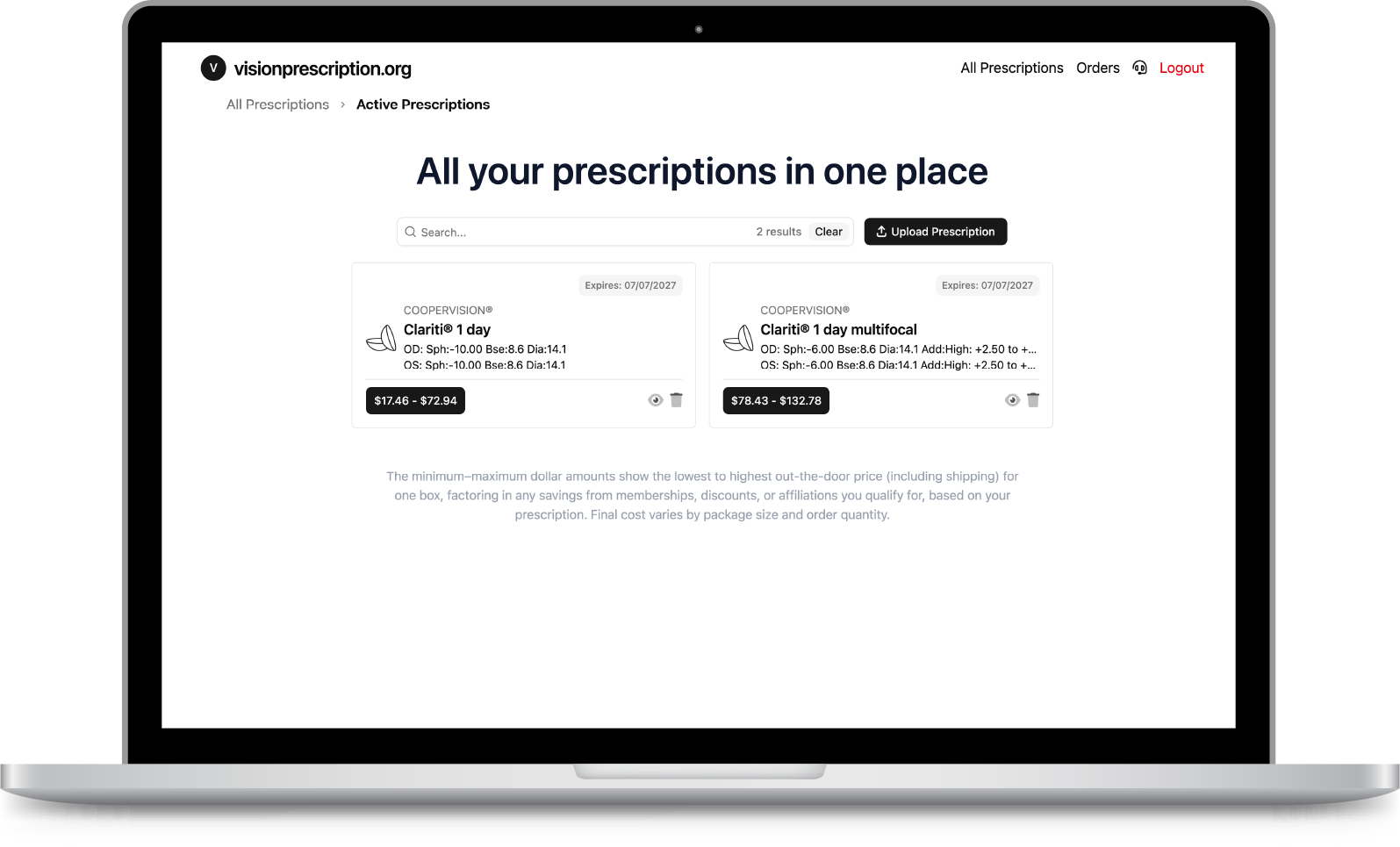 A patient's prescriptions on visionprescription.org
