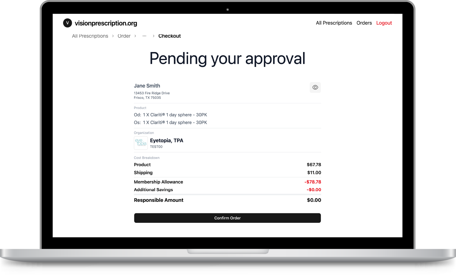 Checkout on visionprescription.org showing one all-inclusive price